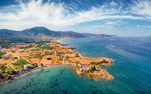 Dreamland Prints: Aerial summer view of Xifias village vith Monemvasia mountain on background