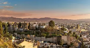 Moorish Prints: Aerial sunset panorama view of the Alhambra fortress and palace complex with surrounding medieval walls