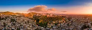 Moorish Prints: Aerial sunset panorama view of the Alhambra fortress and palace complex with surrounding medieval walls