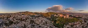 Moorish Prints: Aerial sunset panorama view of the Alhambra fortress and palace complex with surrounding medieval walls