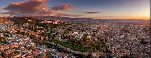 Moorish Prints: Aerial sunset panorama view of the Alhambra fortress and palace complex with surrounding medieval walls