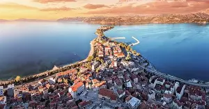 Aerial sunset view of Egirdir lake peninsula and town in Isparta region