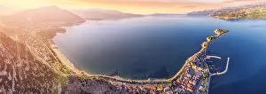 Isparta Prints: Aerial sunset view of Egirdir lake peninsula and town in Isparta region