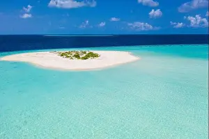 Amazing Landscape Prints: Aerial tropical paradise, small island in shallow blue lagoon