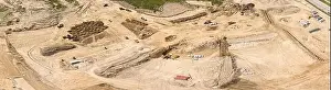 Dump Truck Prints: aerial ultra wide panorama of road construction site with machinery