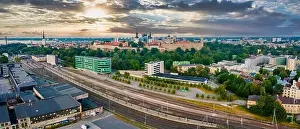 Estonian Prints: Aerial urban view of Tallinn. Main railways station near city center