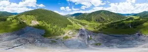 Amazonian Prints: Aerial view 360 panoramic of opencast mining quarry minerals with many machinery tractors