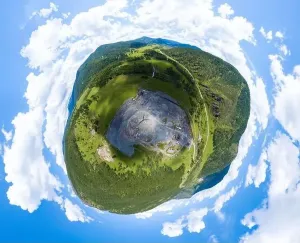 Amazonian Prints: Aerial view 360 panoramic of opencast mining quarry minerals with many machinery tractors