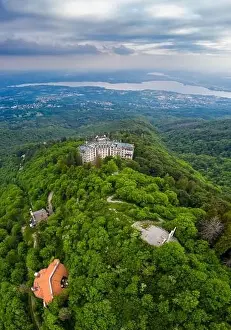 Northern Italy Prints: Aerial view of the abandoned Grand Hotel Campo dei Fiori in spring