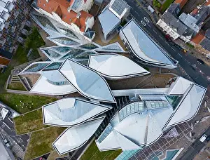 Drone Photograph Prints: Aerial view of abstract architecture of rooftops atScottish Parliament buildings at Holyrood in Edinburgh