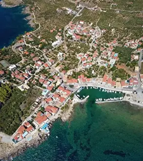 Messinia Prints: Aerial view of Aghios Nikolaos fish village and harbor in Mani, Greece