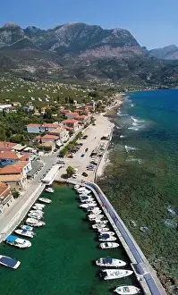Aerial view of Aghios Nikolaos fish village and harbor in Mani, Greece
