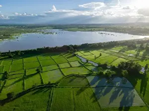 Spring Mountain Prints: Aerial view of agricultural fields near the reservoir at Ban Rat Samakkhi in nongkhai
