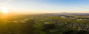 Styria Prints: Aerial view of agriculture fields and green alpine forest in Austria