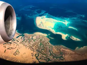 Red Sea Prints: Aerial top view from airplane coastline Egyptian Desert islands