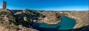 From Air Prints: Aerial view of Alarcon castle, parador and fortifications along the Jucar river in Albacete province Spain