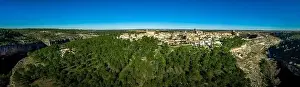From Air Prints: Aerial view of Alarcon castle, parador and fortifications along the Jucar river in Albacete province Spain