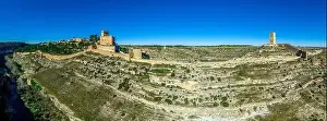From Air Prints: Aerial view of Alarcon castle, parador and fortifications along the Jucar river in Albacete province Spain