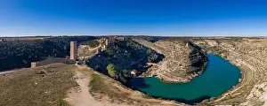 From Air Prints: Aerial view of Alarcon castle, parador and fortifications along the Jucar river in Albacete province Spain