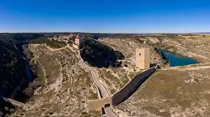 From Air Prints: Aerial view of Alarcon castle, parador and fortifications along the Jucar river in Albacete province Spain