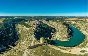 From Air Prints: Aerial view of Alarcon castle, parador and fortifications along the Jucar river in Albacete province Spain