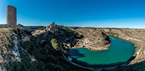 From Air Prints: Aerial view of Alarcon castle, parador and fortifications along the Jucar river in Albacete province Spain