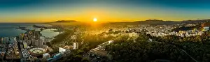 Amphitheater Prints: Aerial view of the Alcazaba in Malaga and the Castillo de Gibralfaro from the Moorish Arab times in Southern Spain