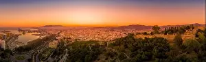 Amphitheater Prints: Aerial view of the Alcazaba in Malaga and the Castillo de Gibralfaro from the Moorish Arab times in Southern Spain