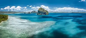 Island Hopping Prints: Aerial view of amazing tropical sea water colors near in El Nido, Palawan, Philippines