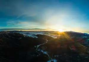 Hill Glacier Prints: Aerial view amazing view of the mountains and slopes covered with dense thickets of fir trees