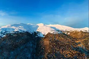 Hill Glacier Prints: Aerial view amazing view of the mountains and slopes covered with dense thickets of fir trees