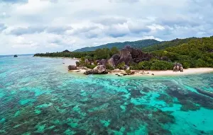 Anse Prints: Aerial view of Anse Source D'argent beach at the La Digue Island, Seychelles