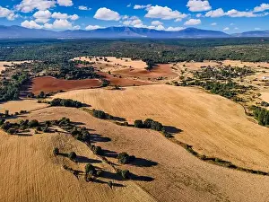 Aerial view of arable fields with blue sky and mountains in the background. Segovia
