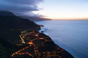 Madeira Island Prints: Aerial view of Arco de Sao Jorge and Ponta Delgada villages at dusk