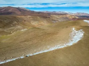 Brownish Prints: Aerial view of the Atacama desert landscape around the green lagoon Laguna del Negro Francisco in Chile - Traveling