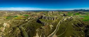 Castilla La Prints: Aerial view of Atienza medieval town and castle in Spain with blue sky