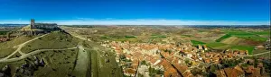 Castilla La Prints: Aerial view of Atienza medieval town and castle in Spain with blue sky