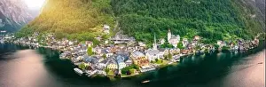 Upper Austria Prints: Aerial view of austrian mountain village Hallstatt and Hallstatter lake
