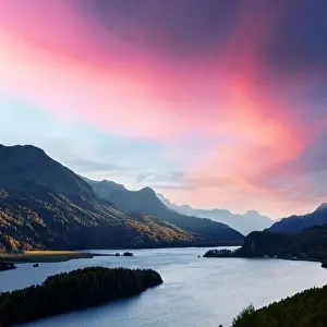 Aerial view on autumn lake Sils (Silsersee) in Swiss Alps mountains. Colorful forest with orange larch. Switzerland, Maloja region, Upper Engadine
