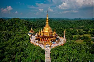Communion Prints: Aerial view of Bandarban temple with golden dome and big statue