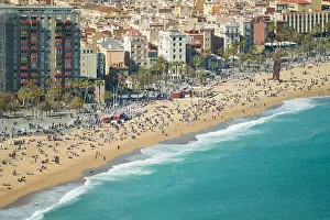 Aerial view of Barcelona, Barceloneta beach and Mediterranean sea in summer day at Barcelona, Spain