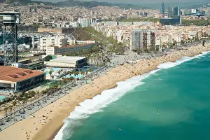 Aerial view of Barcelona, Barceloneta beach and Mediterranean sea in summer day at Barcelona, Spain