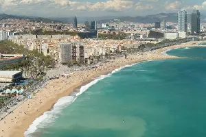 Aerial view of Barcelona, Barceloneta beach and Mediterranean sea in summer day at Barcelona, Spain