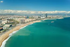 Aerial view of Barcelona, Barceloneta beach and Mediterranean sea in summer day at Barcelona, Spain