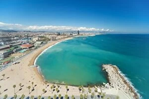 Images Dated 9th April 2017: Aerial view of Barcelona Beach in summer day along seaside in Barcelona, Spain