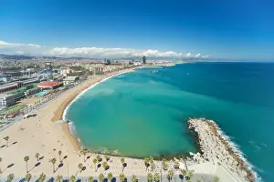 Barceloneta Prints: Aerial view of Barcelona Beach in summer day along seaside in Barcelona