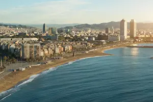 Aerial view of Barcelona Beach in summer day along seaside in Barcelona, Spain. Mediterranean Sea in Spain