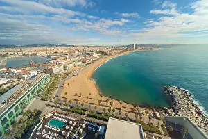 Aerial view of Barcelona Beach in summer day along seaside in Barcelona, Spain. Mediterranean Sea in Spain