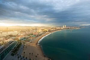 Images Dated 10th April 2018: Aerial view of Barcelona Beach during sunset along seaside in Barcelona, Spain