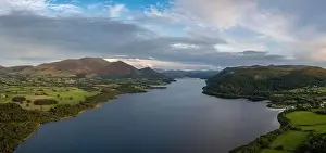 The Lakes Prints: An aerial view of Bassenthwaite Lake in the English Lake District in warm eveing light
